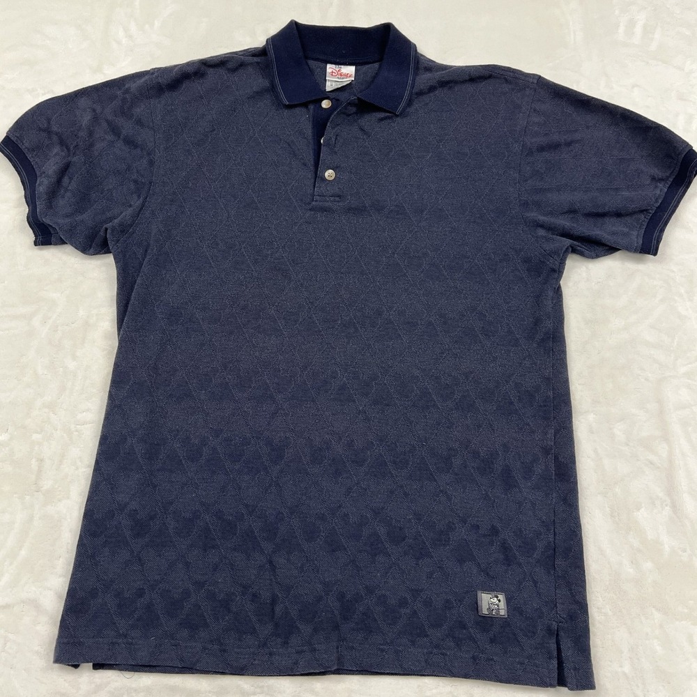 Disney Store Polo Shirt Mens M Navy Blue Mickey Mouse Jacquard Tonal Pattern